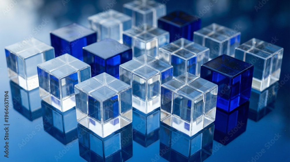 Obraz premium Abstract 3D Composition of Translucent and Blue Glass Cubes on Reflective Blue Surface
