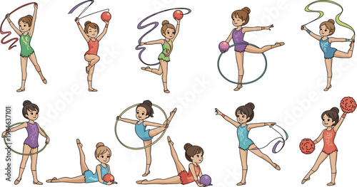 Rhythmic Gymnast Performing with Ribbon, Ball, and Hoop in Stylish Leotard and Hair Bun