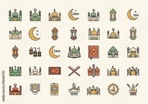 Islamic Icon Set for Ramadan and Eid Mubarak, Vector Line Art Icons including Mosque, Lantern, Quran, and Zakat Symbols