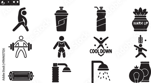 Fitness and gym workout icons set, black silhouette exercise symbols, 12 vector elements for sports training and healthy lifestyle isolated PNG with Transparent Background