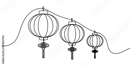 A simple black and white line drawing of three decorative chinese lanterns hanging on a string Vector, illustration