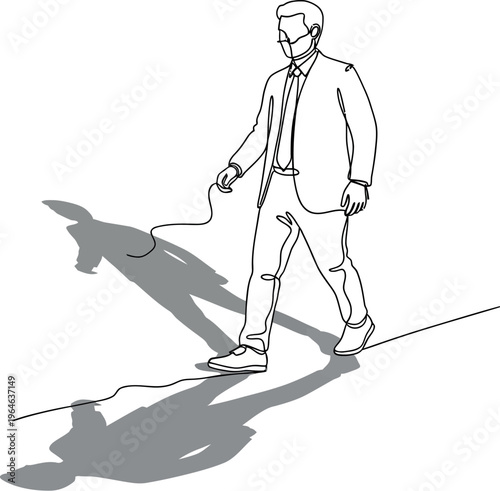 Businessman wearing a protective face mask walks cautiously along a thin line demonstrating balance and careful navigation during uncertain times.
