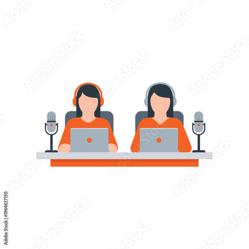 Two women podcasting with microphones and laptops at desk in studio setting.