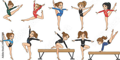 Young Gymnast Performing Balance Beam Routine in Colorful Leotard and Focused Pose