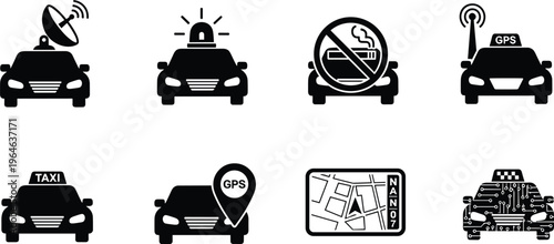 Taxi service icon set with GPS navigation, satellite car tracking, no smoking sign, sirens, digital circuit vehicle, and city map flat vector illustration.