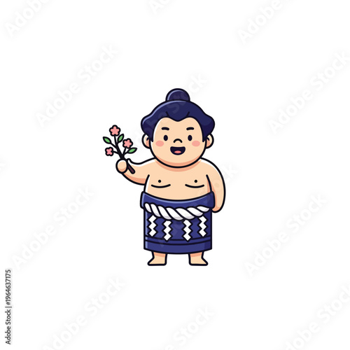 Charming traditional sumo wrestler mascot celebrating with beautiful cherry blossoms vector illustration