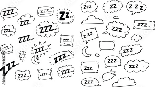 Sleep zzz and cloud speech bubble set, dream and pillow symbols for night time concept.