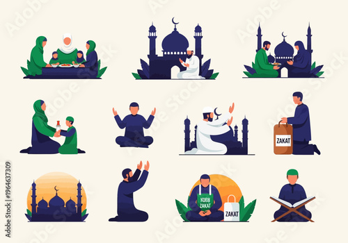 Islamic Ramadan Traditions and Activities Vector Illustration Set: Muslim Prayer, Zakat Charity, Iftar Meal, Reading Quran, and Mosque Silhouettes