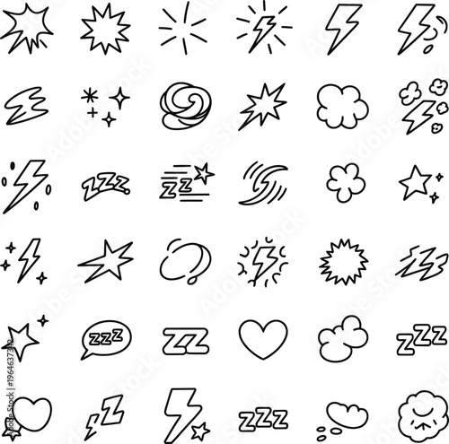 Flash lightning and sleep zzz icon set, comic action and dream symbols in line art.