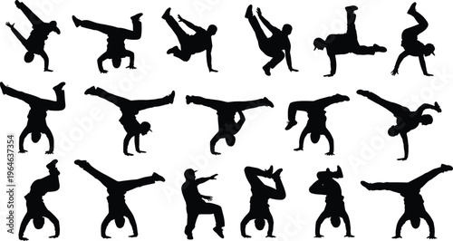 Large collection of breakdance silhouettes featuring urban hip hop dancers performing handstands power moves and acrobatic street dance poses isolated on white background vector.