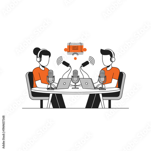 Two people in headphones and microphones recording podcast with sound waves illustration.