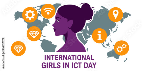 A graphic illustration promoting international girls in ict day with technology icons and map Vector, illustration