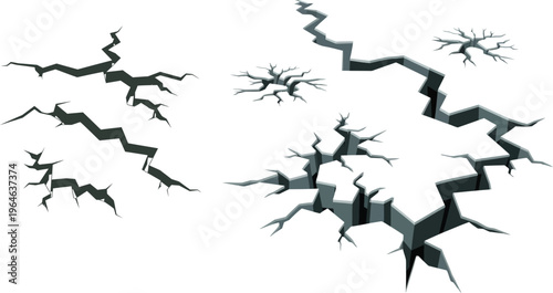 3D ground crack vector set, earthquake and broken surface effect isolated on black background