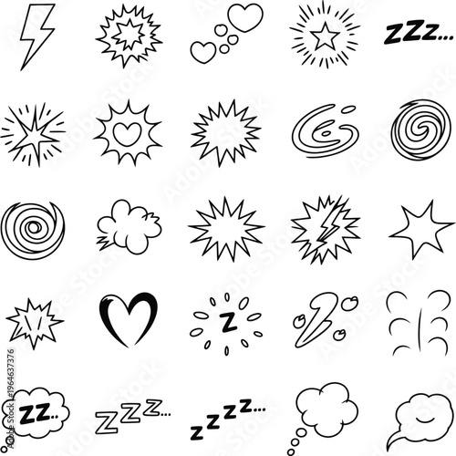 Comic book speech bubble and action element set, zzz sleep and lightning flash symbols.