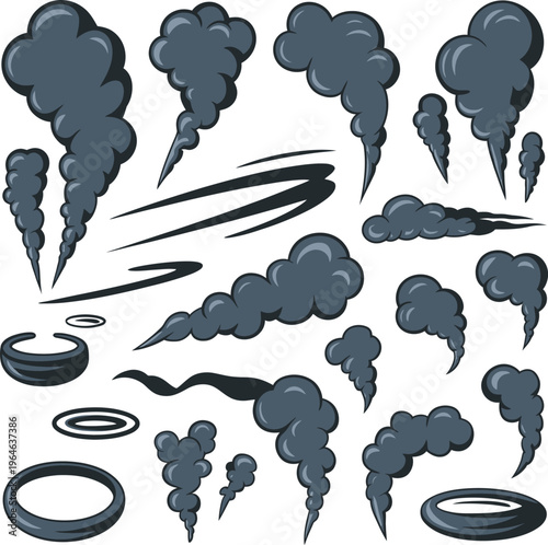 Cartoon smoke and steam cloud set, comic book vapor and explosion trail vector illustration