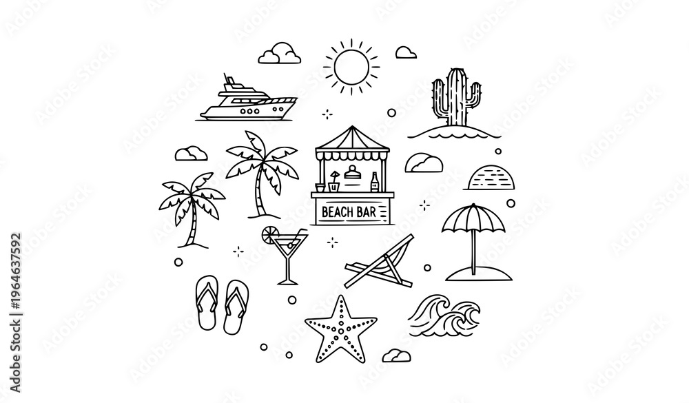 Obraz premium Tropical beach outline icon set with yacht cabana cocktail and summer holiday symbols for web and app UI