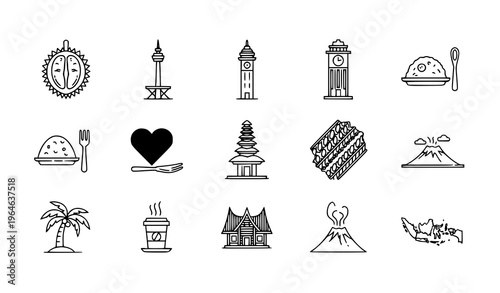 Modern Indonesia linear icon pack with Monas Jam Gadang durian and cultural symbols for UI design