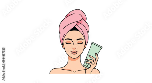 Woman with pink towel on head holding skincare product in pastel green tube in minimalist flat illustration for beauty advertising