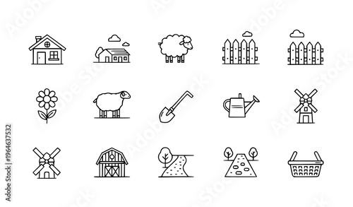 Modern village linear icon pack with cottage sheep fence and rural farming elements for UI design