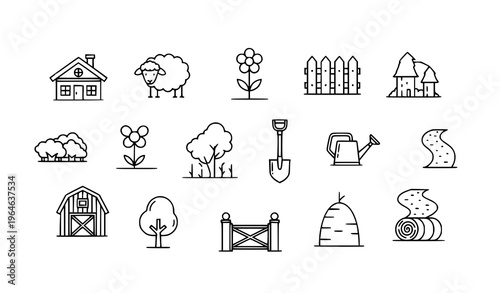 Village outline icon set with rural farm cottage sheep and agriculture elements for web and app UI