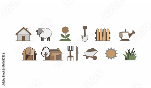 Modern village line icon collection with cottage farm tools sheep and countryside elements for digital design