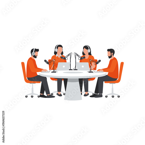 Four people at round table with microphones and laptops recording podcast show.