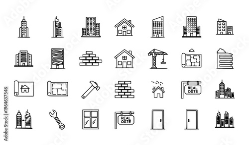 Building line icon set with construction real estate and architecture symbols for web and print design