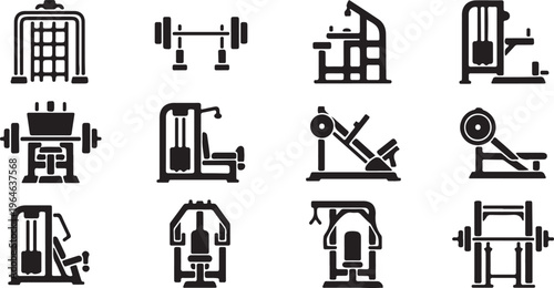 Gym equipment icons set, professional fitness machine vector collection, black strength training workout gear for bodybuilding and exercise isolated PNG with Transparent Background