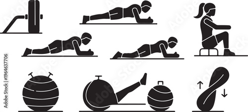 Fitness workout icons set, black silhouette gym exercise vector elements, people training with equipment and planking positions isolated PNG with Transparent Background