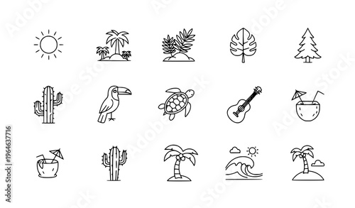 Linear tropical icon pack with sun jungle toucan turtle and summer nature elements for UI design