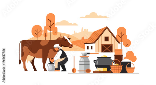 Farm Illustration: Traditional Dairy Farming with Farmer Milking Cow and Fresh Milk Products
