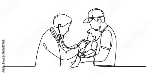 A single continuous line drawing of a doctor using a stethoscope to examine a small baby boy.