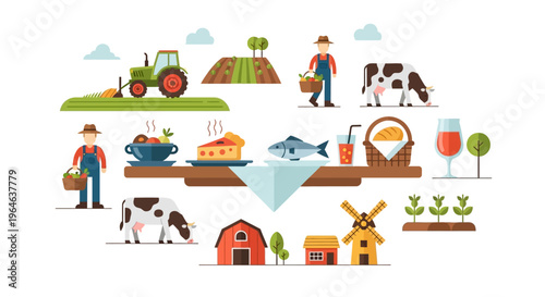 Farm to Table Concept: Agriculture, Rural Life, and Fresh Food Production Illustration