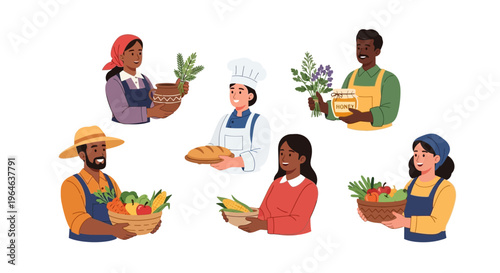Diverse Group of Farmers, Gardeners & Chef with Fresh Produce, Organic Food & Artisan Goods. Harvest & Local Market Concept.
