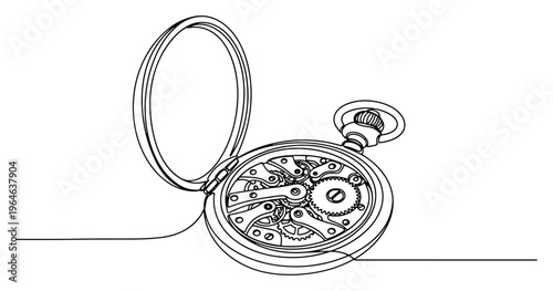 One line drawing of a vintage open pocket watch showing mechanical gears