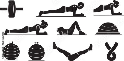 Fitness workout icons set with woman performing core exercises, pilates equipment and gym training silhouettes, black vector graphics for health apps isolated PNG with Transparent Background