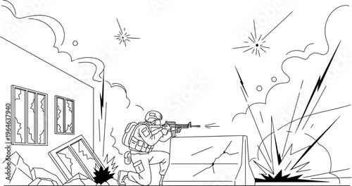 Focused military soldier kneeling behind cover firing assault rifle during intense combat amidst explosions and damaged structures