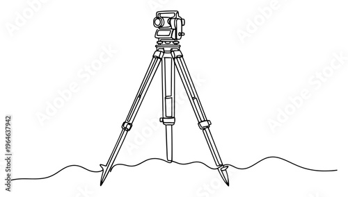 Continuous line art of a professional total station on a tripod for surveying