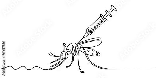 A single continuous line drawing of a mosquito being injected by a medical syringe hypodermic Vector, illustration