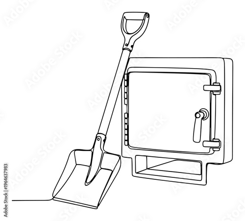 Continuous line art illustration of a metal shovel leaning against an industrial boiler furnace door