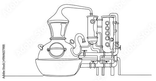 One line drawing of a complex industrial whiskey distillery pot still with pipes and pressure gauges