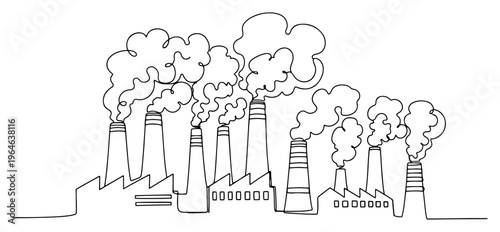 Continuous line drawing of an industrial factory with smoke rising from multiple chimneys