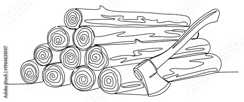 Continuous line art of a pile of chopped wooden logs with a forestry axe leaning against them