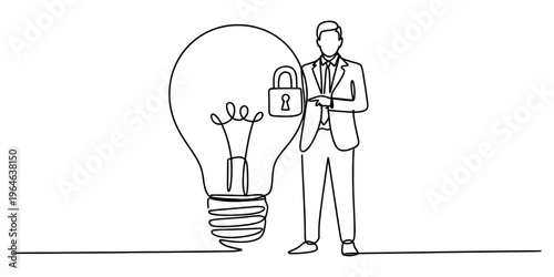 A continuous line drawing of a businessman protecting a lightbulb idea with a locked padlock icon Vector, illustration