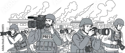 Group of dedicated war correspondents wearing protective vests and helmets diligently documenting conflict zones with cameras and video equipment