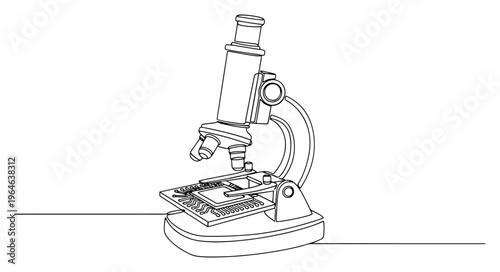 One line drawing of a laboratory microscope inspecting a high tech electronic computer chip