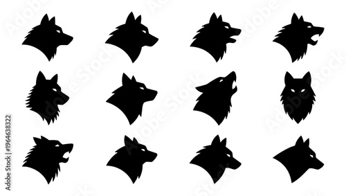 Wolf head silhouette collection, 12 black canine profile icons, howling and growling predator symbols, wild animal mascot vector set