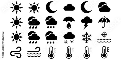 A comprehensive collection of black weather icons representing various atmospheric conditions Vector, illustration
