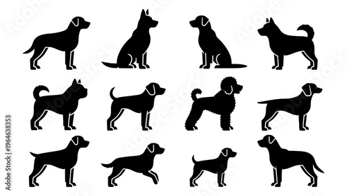 Black dog silhouette collection, 12 isolated canine breed vector icons, minimalist pet animal silhouettes for veterinary and kennel branding