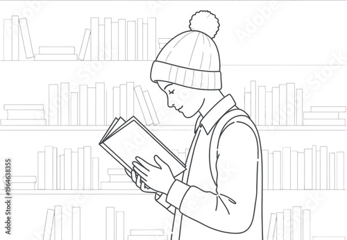 Young student wearing a cozy knitted pompom hat with a backpack intently reading an open book, symbolizing quiet study and focused academic contemplation.